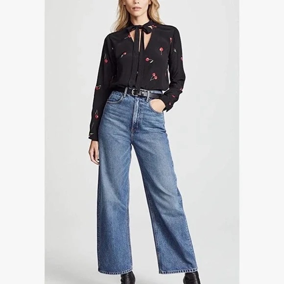 Rails Rhea Cerise Tie Neck Cherry Print Blouse Size M - Picture 3 of 9